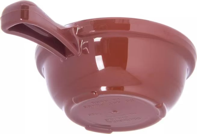 8 oz Lennox Brown Handled Soup Bowl with durable commercial grade SAN construction, thick walled heat retaining design and an integrated handle. Ideal for soups, broths, chili, stews and hot beverages.