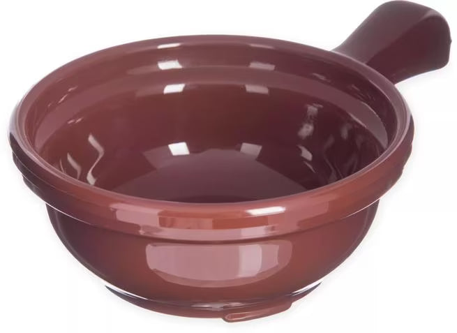 8 oz Lennox Brown Handled Soup Bowl with durable commercial grade SAN construction, thick walled heat retaining design and an integrated handle. Ideal for soups, broths, chili, stews and hot beverages.