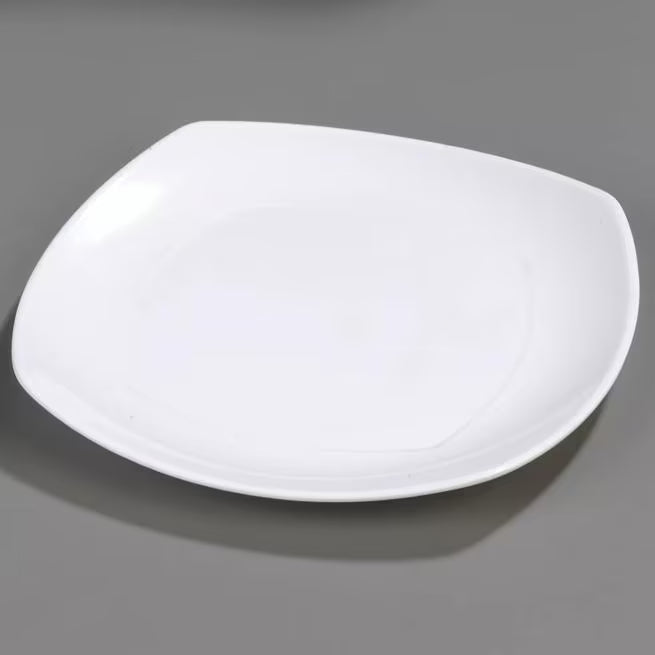 9.5 Inch White Melamine Upturned Corner Medium Square Plate with commercial grade durability, shatter resistant construction and a modern square design. Perfect for entrees, salads, pasta, egg rolls and spring rolls.