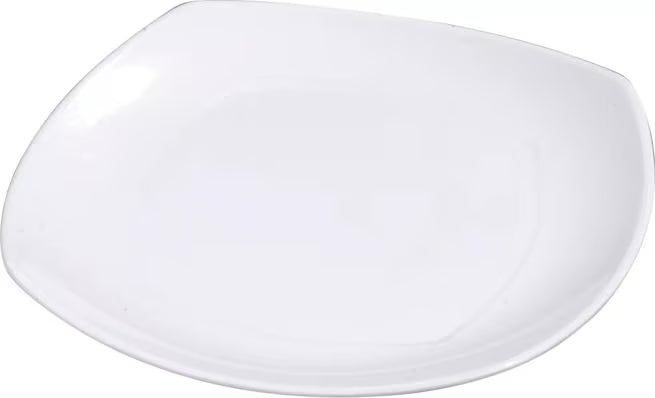 9.5 Inch White Melamine Upturned Corner Medium Square Plate with commercial grade durability, shatter resistant construction and a modern square design. Perfect for entrees, salads, pasta, egg rolls and spring rolls.
