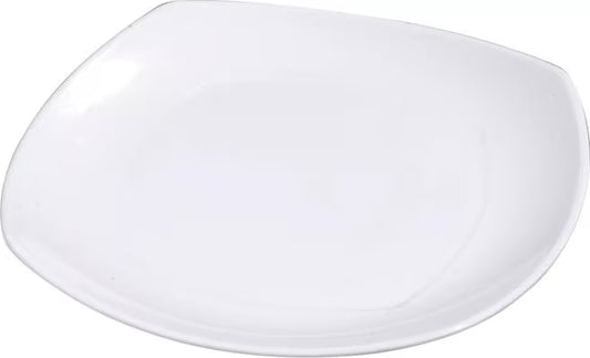 9.5 Inch White Melamine Upturned Corner Medium Square Plate with commercial grade durability, shatter resistant construction and a modern square design. Perfect for entrees, salads, pasta, egg rolls and spring rolls.