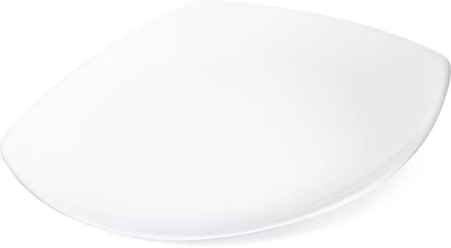 9.5 Inch White Melamine Upturned Corner Medium Square Plate with commercial grade durability, shatter resistant construction and a modern square design. Perfect for entrees, salads, pasta, egg rolls and spring rolls.
