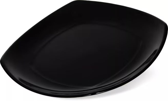 9.5 Inch Black Melamine Upturned Corner Medium Square Plate with commercial grade durability, shatter resistant construction and a modern square design. Perfect for entrees, salads, pasta, egg rolls and spring rolls.