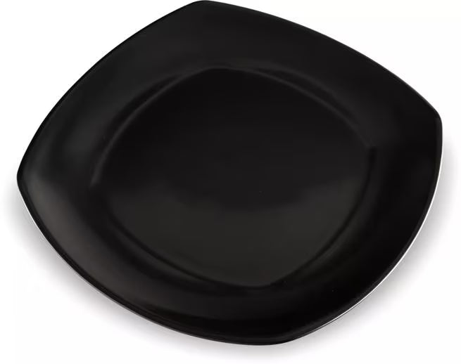 9.5 Inch Black Melamine Upturned Corner Medium Square Plate with commercial grade durability, shatter resistant construction and a modern square design. Perfect for entrees, salads, pasta, egg rolls and spring rolls.