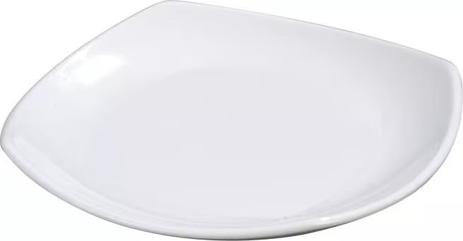 7.75 Inch White Melamine Upturned Corner Small Square Plate with commercial grade durability, shatter resistant construction and a modern square design. Perfect for salads, appetizers, egg rolls, spring rolls and desserts.