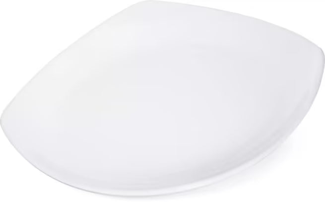 7.75 Inch White Melamine Upturned Corner Small Square Plate with commercial grade durability, shatter resistant construction and a modern square design. Perfect for salads, appetizers, egg rolls, spring rolls and desserts.