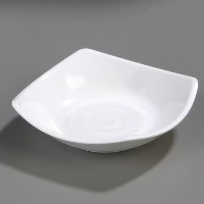 5.25 Inch White Melamine Flared Rim Square Dish Bowl with commercial grade durability, shatter resistant construction and a scoop shaped design. Perfect for sauces, appetizers, sushi, side dishes and desserts.