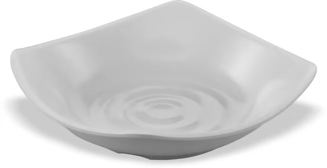 5.25 Inch White Melamine Flared Rim Square Dish Bowl with commercial grade durability, shatter resistant construction and a scoop shaped design. Perfect for sauces, appetizers, sushi, side dishes and desserts.