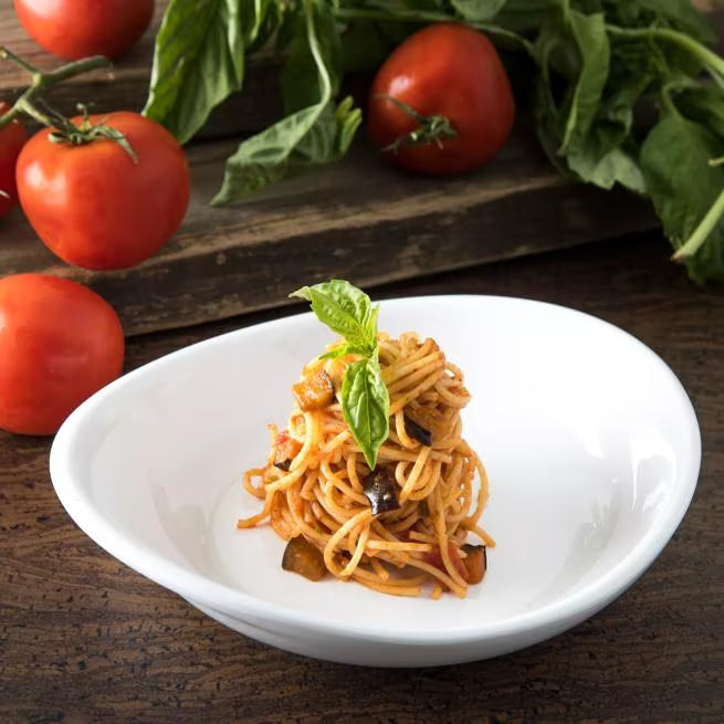 9.5 Inch White Stadia Melamine Pasta Plate with commercial grade break resistant construction and a modern organic shape. Perfect for serving pasta, risotto, salads, grain bowls and specialty entrees.