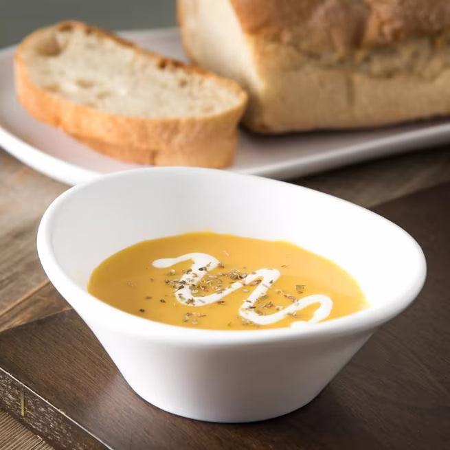 12 oz White Stadia Melamine Bowl with commercial grade break resistant construction and a modern organic shape. Perfect for serving soups, salads, cereals, pasta, grain bowls, desserts and side dishes.
