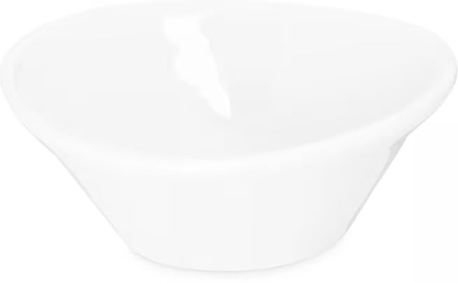 4 oz White Stadia Melamine Sauce Cup with commercial grade break resistant construction and a modern organic shape. Perfect for serving dipping sauces, condiments, dressings, salsa, butter and toppings.