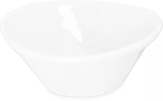 4 oz White Stadia Melamine Sauce Cup with commercial grade break resistant construction and a modern organic shape. Perfect for serving dipping sauces, condiments, dressings, salsa, butter and toppings.