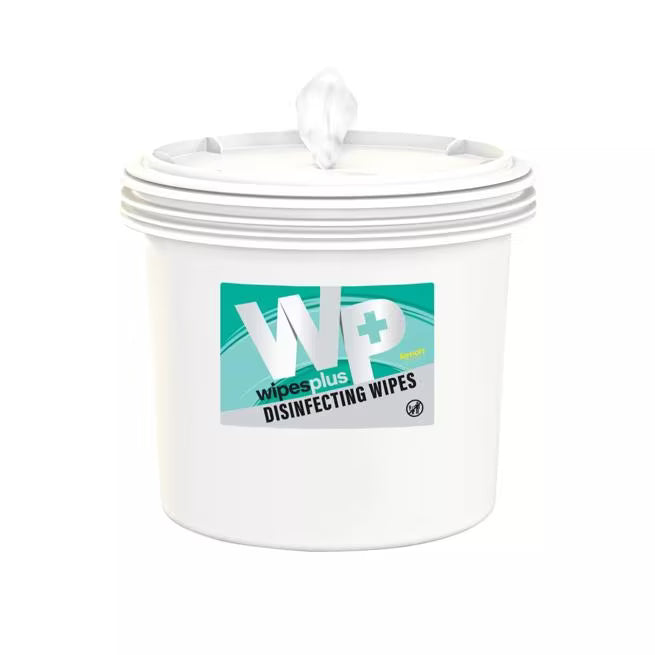 White WipesPlus Round Empty Bucket with Lid designed for WipesPlus disinfecting and alcohol-free sanitizing refill bags. Features a durable construction, moisture locking lid and included identification labels.