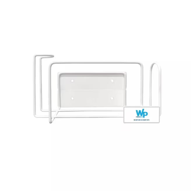 5.25 Inch White WipesPlus Wire Bracket designed for WipesPlus 80CT Refill Packs. Features durable wire construction, vertical or horizontal mounting options and included screw and tape mounting hardware.