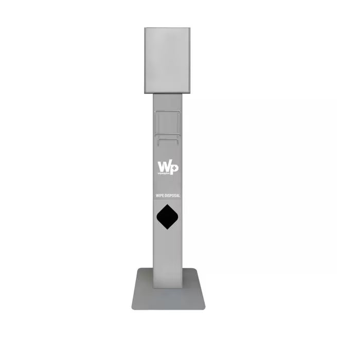14.6 Inch Gray WipesPlus Cart Wipe Stand designed for WipesPlus canisters. Features a built in trash receptacle, disinfecting and sanitizing signage and durable commercial grade construction for supermarkets and retail locations.