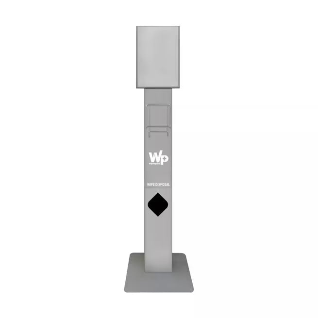 14.6 Inch Gray WipesPlus Cart Wipe Stand designed for WipesPlus canisters. Features a built in trash receptacle, disinfecting and sanitizing signage and durable commercial grade construction for supermarkets and retail locations.