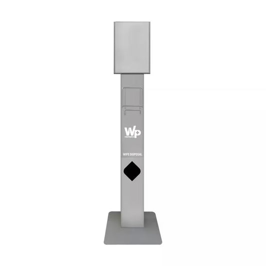 14.6 Inch Gray WipesPlus Cart Wipe Stand designed for WipesPlus canisters. Features a built in trash receptacle, disinfecting and sanitizing signage and durable commercial grade construction for supermarkets and retail locations.