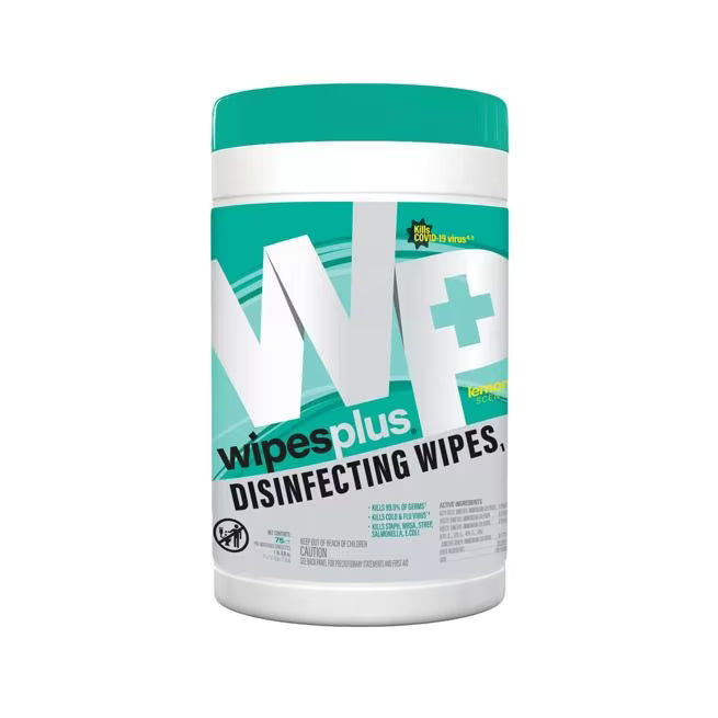 WipesPlus 75 Count Disinfecting Surface Wipes clean, sanitize and disinfect in one step. Kills 99.9% of germs including the COVID-19 virus and the Cold & Flu virus. Bleach free, fast drying and streak free.