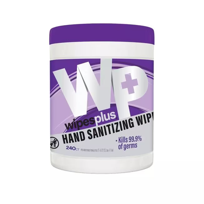 WipesPlus 240 Count Hand Sanitizing Wipes Canister features a 70% ethyl alcohol formula that kills 99.9% of germs. FDA registered with Aloe and Vitamin E to clean, sanitize and moisturize hands in commercial environments.
