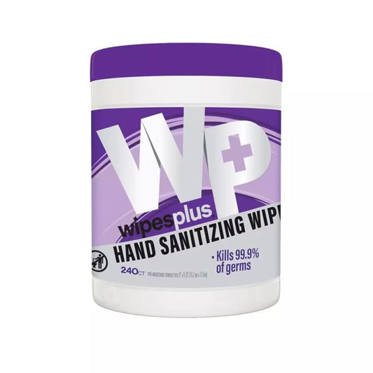 WipesPlus 240 Count Hand Sanitizing Wipes Canister features a 70% ethyl alcohol formula that kills 99.9% of germs. FDA registered with Aloe and Vitamin E to clean, sanitize and moisturize hands in commercial environments.