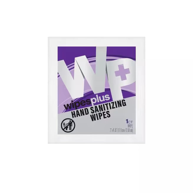 WipesPlus 100 Count Hand Sanitizing Wipe Sachets feature a 70% isopropyl alcohol formula that kills 99.9% of germs. FDA registered with Aloe and Vitamin E to clean, sanitize and moisturize hands wherever you go.