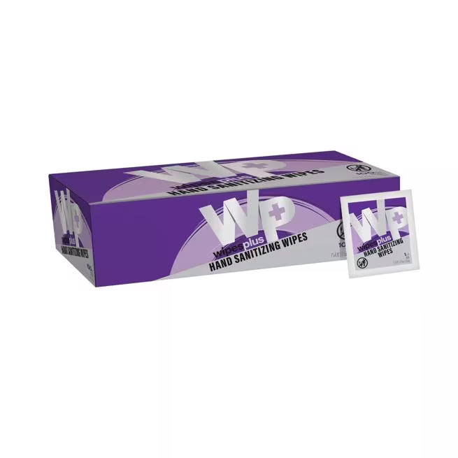WipesPlus 100 Count Hand Sanitizing Wipe Sachets feature a 70% isopropyl alcohol formula that kills 99.9% of germs. FDA registered with Aloe and Vitamin E to clean, sanitize and moisturize hands wherever you go.