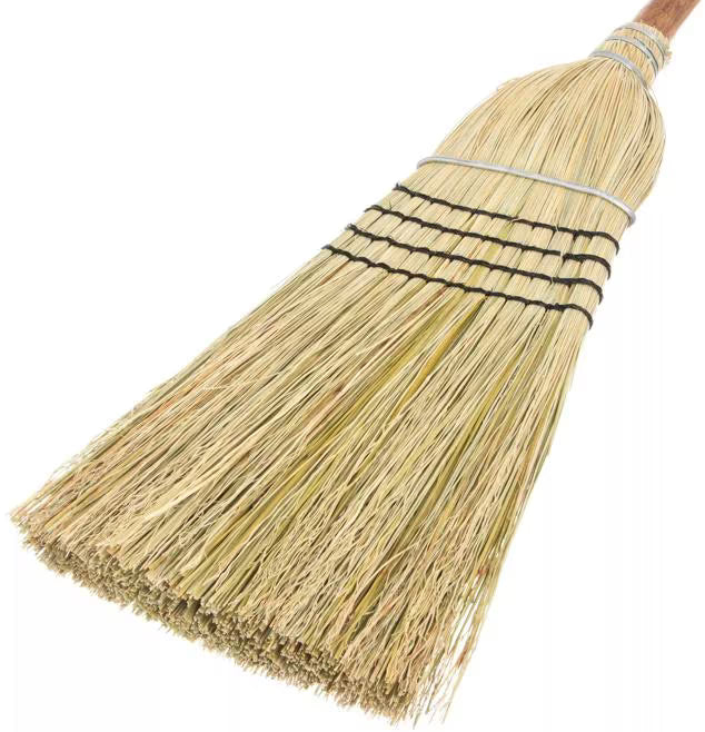 56 Inch Natural 5-Stitch Warehouse Blended Corn Broom with metal retaining bands, strong synthetic stitching and 80% rattan and 20% corn fiber bristles. Built for durable commercial and industrial sweeping.