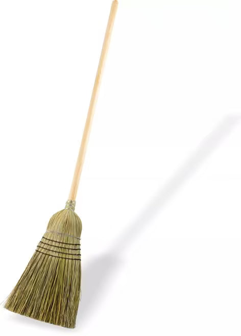 56 Inch Natural 5-Stitch Warehouse Blended Corn Broom with metal retaining bands, strong synthetic stitching and 80% rattan and 20% corn fiber bristles. Built for durable commercial and industrial sweeping.