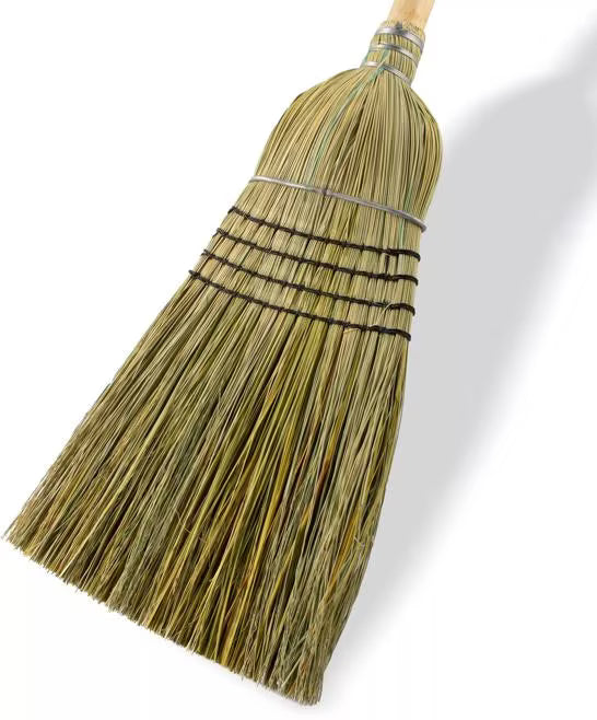 56 Inch Natural 5-Stitch Warehouse Blended Corn Broom with metal retaining bands, strong synthetic stitching and 80% rattan and 20% corn fiber bristles. Built for durable commercial and industrial sweeping.