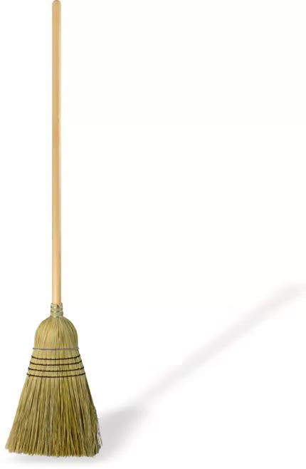 56 Inch Natural 5-Stitch Warehouse Blended Corn Broom with metal retaining bands, strong synthetic stitching and 80% rattan and 20% corn fiber bristles. Built for durable commercial and industrial sweeping.