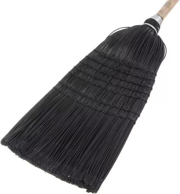 57 Inch Black Flo-Pac Warehouse and Janitor Broom with X shaped synthetic bristles, chemical and liquid resistant fibers and a foam grip wooden handle. Built for heavy duty commercial sweeping.