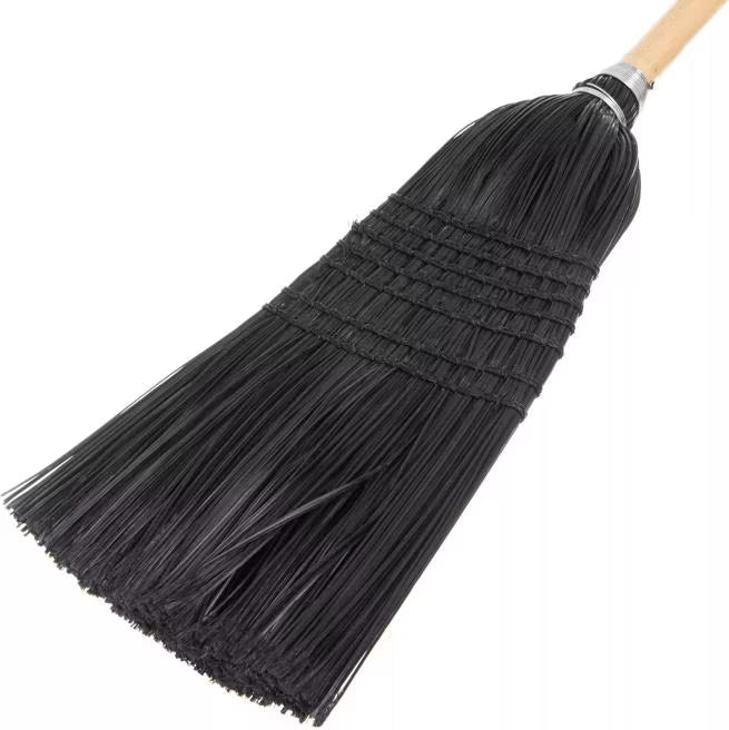 55 Inch Black Flo-Pac Maid and Parlor Broom with X shaped synthetic bristles for superior sweeping on carpets, entry mats and hard floors. Chemical and liquid resistant bristles withstand temperatures up to 225°F.