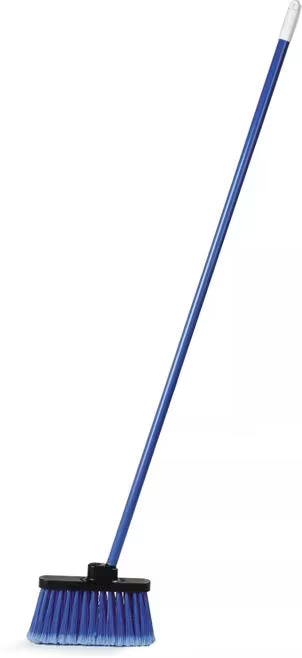 Blue Duo-Sweep Wide Light Industrial Lobby Broom with flagged synthetic bristles, dual handle positions and a durable metal threaded handle. Designed for efficient sweeping of fine debris in commercial environments.