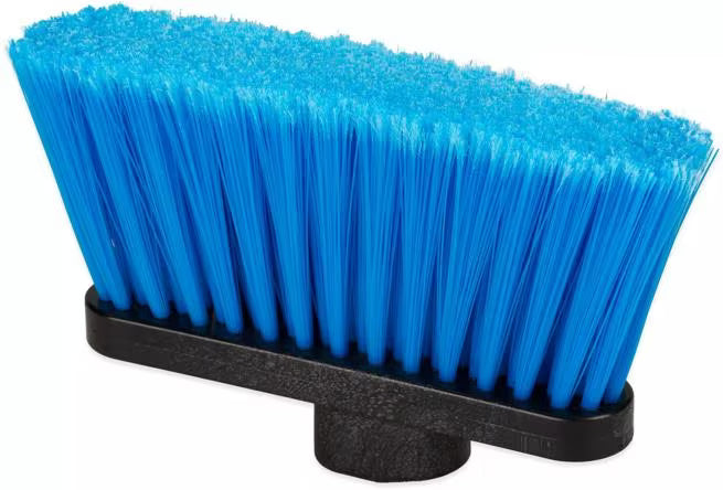 Blue Duo-Sweep Wide Light Industrial Lobby Broom with flagged synthetic bristles, dual handle positions and a durable metal threaded handle. Designed for efficient sweeping of fine debris in commercial environments.