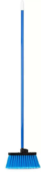 Blue Duo-Sweep Wide Light Industrial Lobby Broom with flagged synthetic bristles, dual handle positions and a durable metal threaded handle. Designed for efficient sweeping of fine debris in commercial environments.