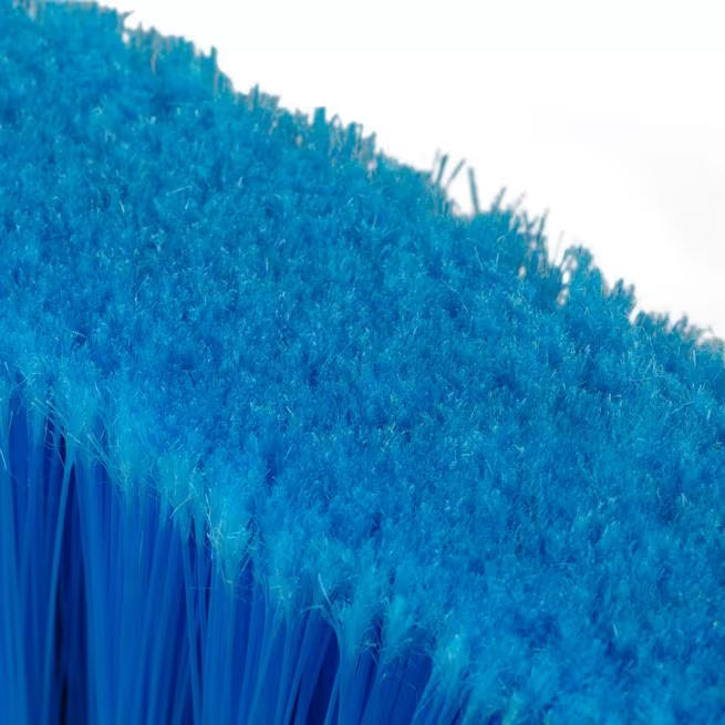 Blue Duo-Sweep Wide Light Industrial Lobby Broom with flagged synthetic bristles, dual handle positions and a durable metal threaded handle. Designed for efficient sweeping of fine debris in commercial environments.