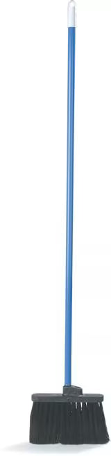 11 Inch Black Duo-Sweep Unflagged Broom with a 48 Inch blue metal handle, stiff synthetic bristles and dual handle positions. Built for heavy duty commercial sweeping and designed to outlast traditional corn brooms.