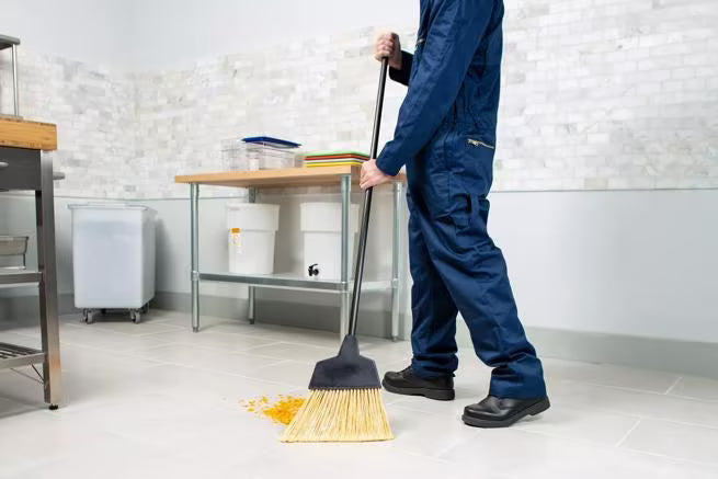 55 Inch Natural Duo-Sweep Flagged Angled Broom with hood, flagged synthetic bristles, angled brush head and durable metal handle. Designed for efficient commercial sweeping in corners, crevices and hard to reach areas.