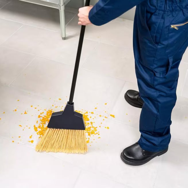 55 Inch Natural Duo-Sweep Flagged Angled Broom with hood, flagged synthetic bristles, angled brush head and durable metal handle. Designed for efficient commercial sweeping in corners, crevices and hard to reach areas.
