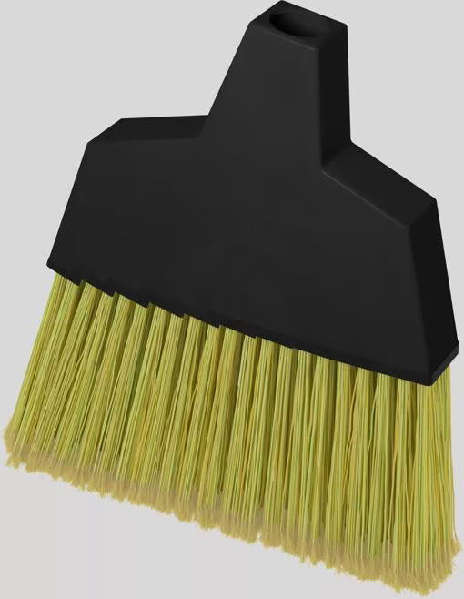 55 Inch Natural Duo-Sweep Flagged Angled Broom with hood, flagged synthetic bristles, angled brush head and durable metal handle. Designed for efficient commercial sweeping in corners, crevices and hard to reach areas.