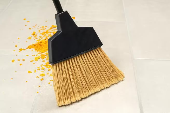 55 Inch Natural Duo-Sweep Flagged Angled Broom with hood, flagged synthetic bristles, angled brush head and durable metal handle. Designed for efficient commercial sweeping in corners, crevices and hard to reach areas.