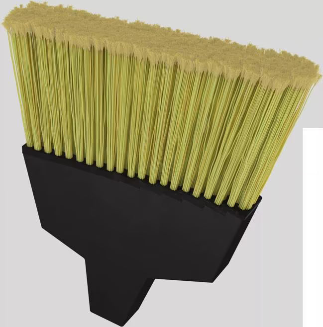 55 Inch Natural Duo-Sweep Flagged Angled Broom with hood, flagged synthetic bristles, angled brush head and durable metal handle. Designed for efficient commercial sweeping in corners, crevices and hard to reach areas.