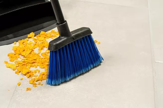 12 Inch Blue Duo-Sweep Flagged Light Industrial Broom Head with angled brush head and flagged synthetic filaments. Compatible with 3/4-5 ACME threaded handles for efficient commercial sweeping of fine debris.