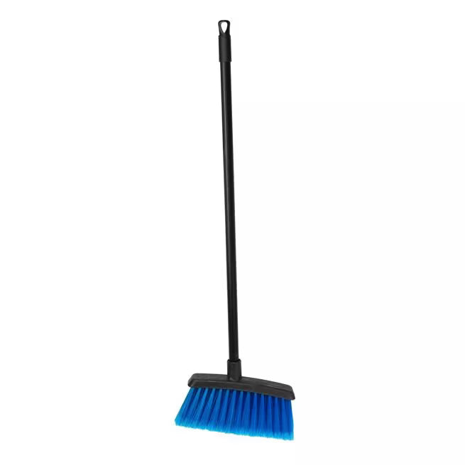 12 Inch Blue Duo-Sweep Flagged Light Industrial Broom Head with angled brush head and flagged synthetic filaments. Compatible with 3/4-5 ACME threaded handles for efficient commercial sweeping of fine debris.