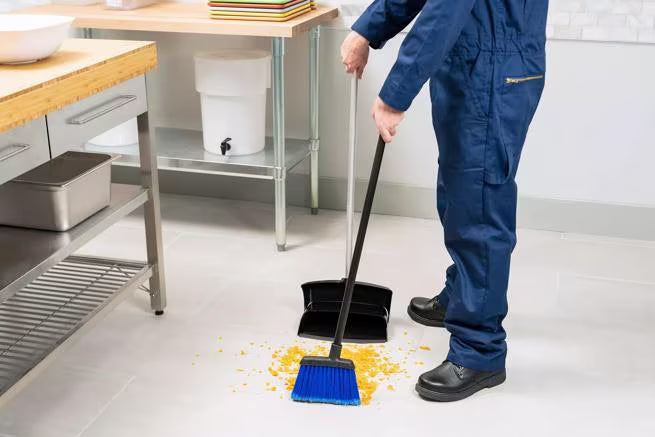 30 Inch Blue Duo-Sweep Flagged Lobby Broom with a black metal handle, angled brush head and flagged synthetic bristles for sweeping fine dust and debris in commercial environments.