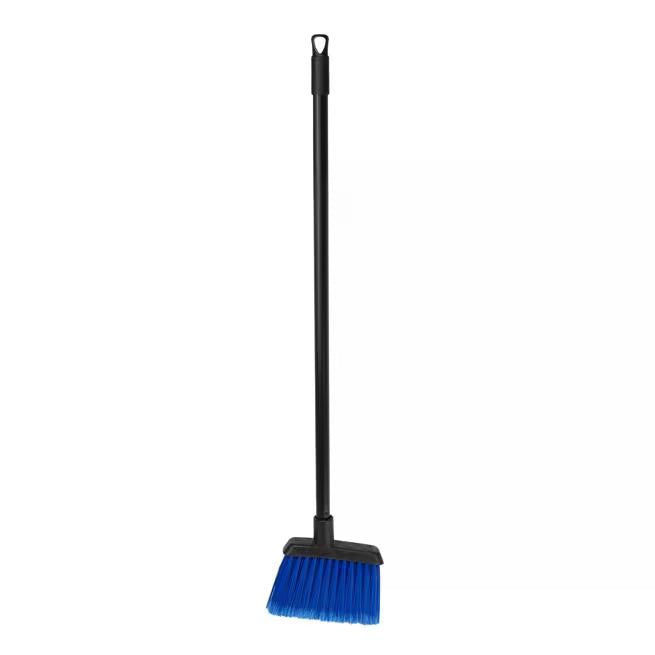 30 Inch Blue Duo-Sweep Flagged Lobby Broom with a black metal handle, angled brush head and flagged synthetic bristles for sweeping fine dust and debris in commercial environments.
