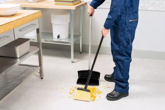 36 Inch Natural Duo-Sweep Flagged Lobby Broom with a black metal handle, angled brush head and flagged synthetic bristles. Designed for efficient commercial sweeping of fine dust and debris in hard to reach areas.