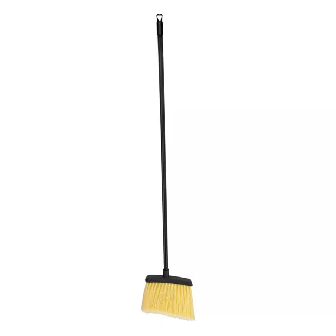48 Inch Natural Duo-Sweep Flagged Heavy Duty Angle Broom with a black metal handle, 12 Inch angled brush head and flagged synthetic bristles. Built for commercial sweeping in high traffic environments.