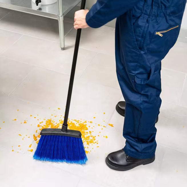 48 Inch Blue Duo-Sweep Flagged Warehouse Broom with a black metal handle, angled brush head and flagged synthetic bristles. Designed for sweeping fine debris in commercial and warehouse environments.