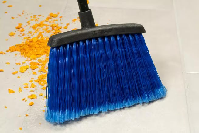 48 Inch Blue Duo-Sweep Flagged Warehouse Broom with a black metal handle, angled brush head and flagged synthetic bristles. Designed for sweeping fine debris in commercial and warehouse environments.